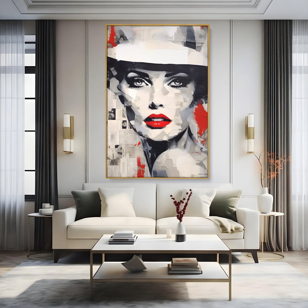 Tablou Canvas Premium LuxCanva® A1532, Madame , Room, Buze Rosii, Palarie, Frumusete, Living, Culori Vibrante