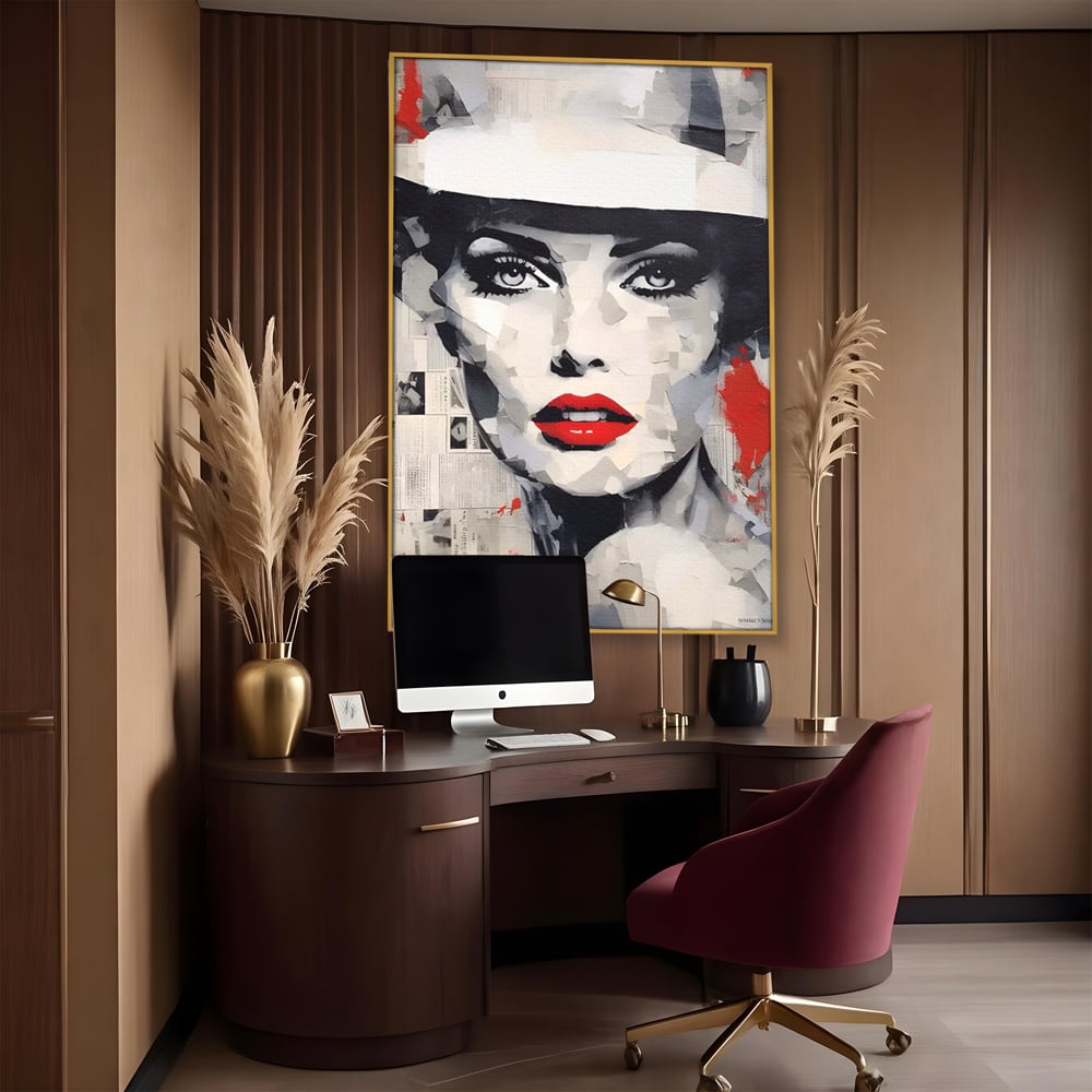 Tablou Canvas Premium LuxCanva® A1532, Madame , Room, Buze Rosii, Palarie, Frumusete, Living, Culori Vibrante