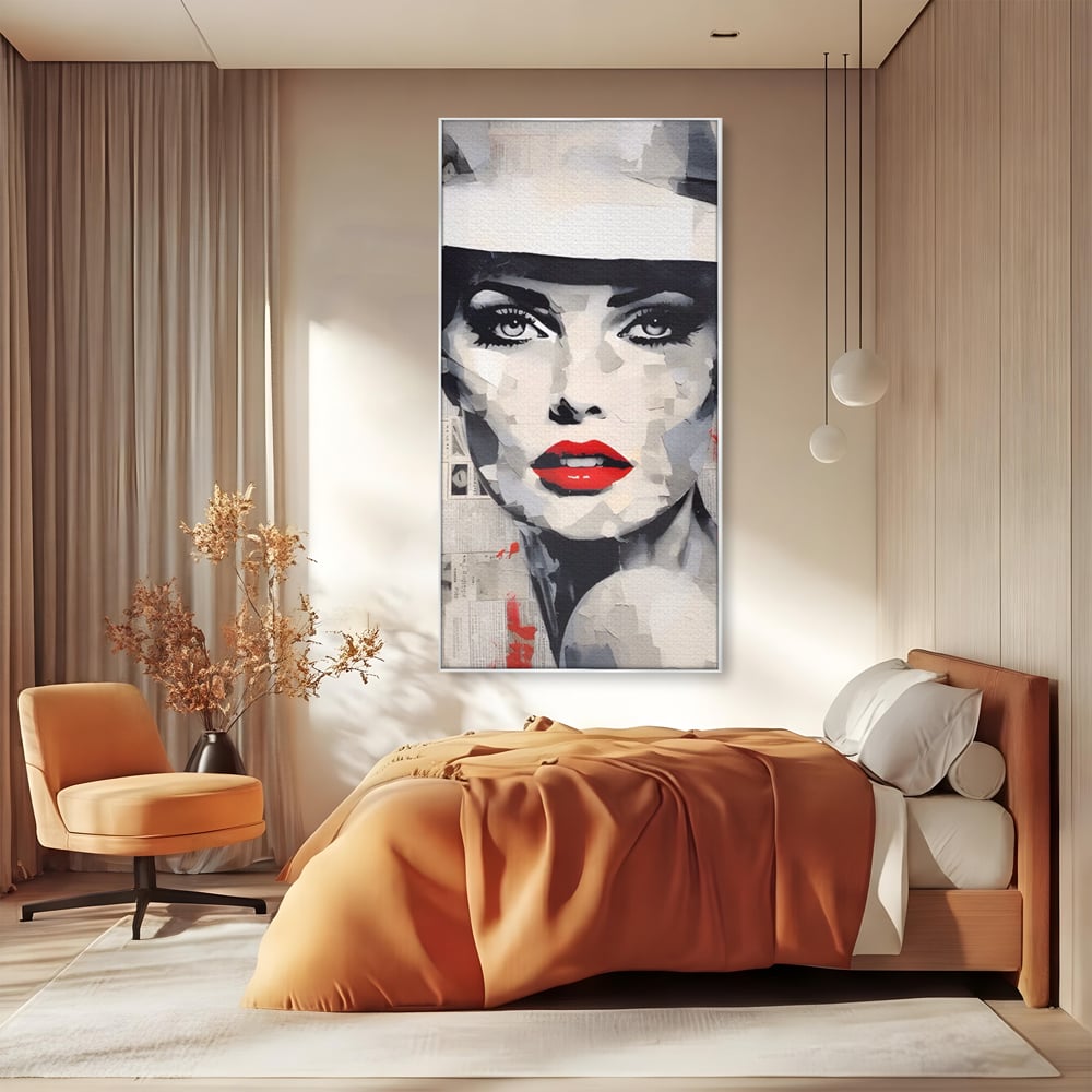 Tablou Canvas Premium LuxCanva® A1532, Madame , Room, Buze Rosii, Palarie, Frumusete, Living, Culori Vibrante
