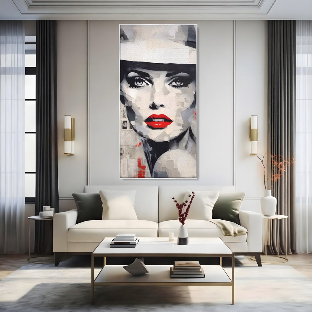 Tablou Canvas Premium LuxCanva® A1532, Madame , Room, Buze Rosii, Palarie, Frumusete, Living, Culori Vibrante