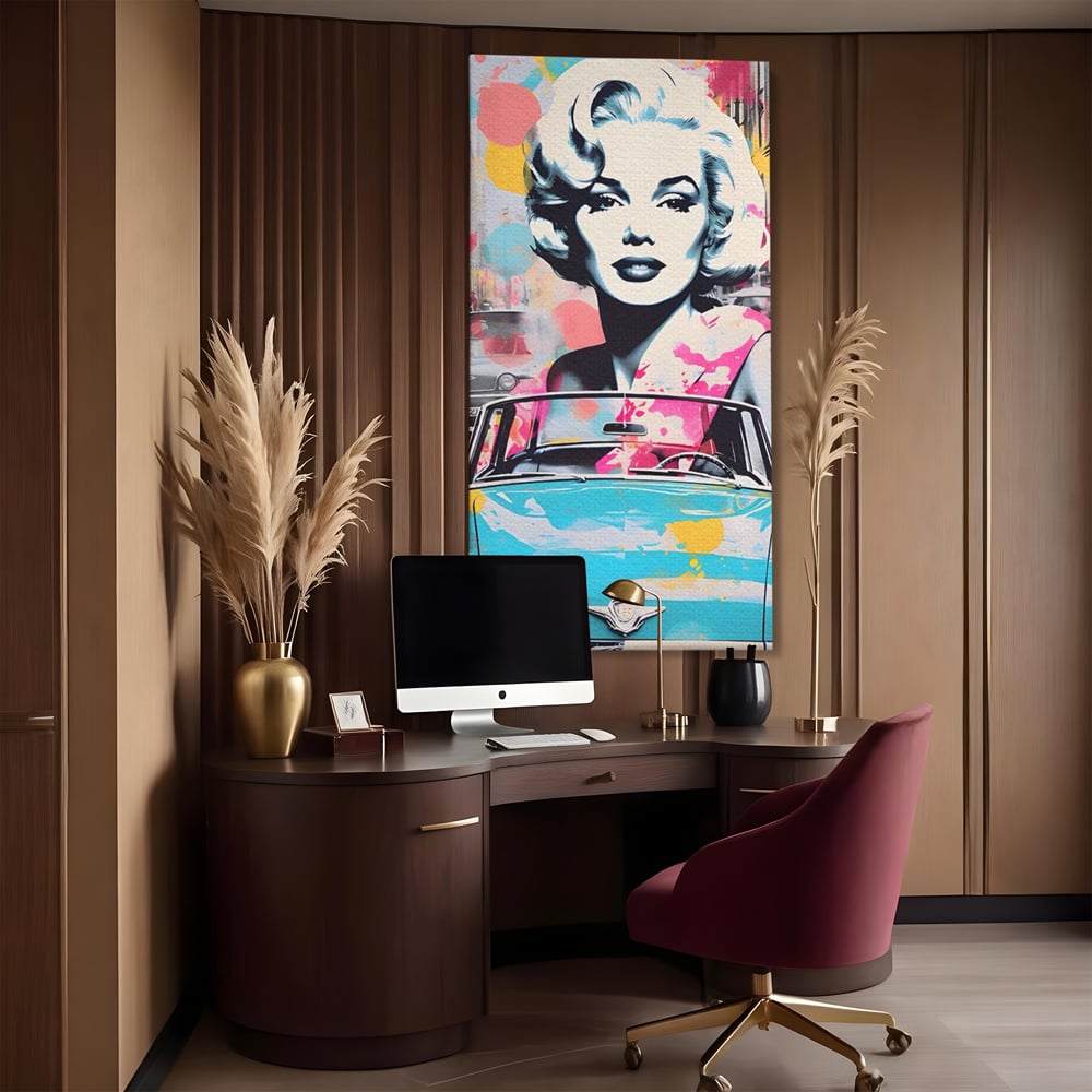 Tablou Canvas Premium LuxCanva® A1539, Merilyn M , Dormitor, Sexi, Vedeta, Model, Masina, Living, Culori Vibrante