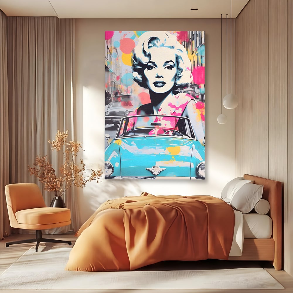 Tablou Canvas Premium LuxCanva® A1539, Merilyn M , Dormitor, Sexi, Vedeta, Model, Masina, Living, Culori Vibrante