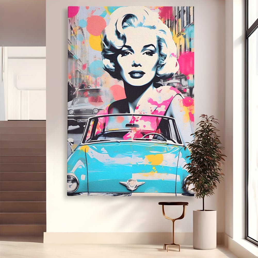 Tablou Canvas Premium LuxCanva® A1539, Merilyn M , Dormitor, Sexi, Vedeta, Model, Masina, Living, Culori Vibrante