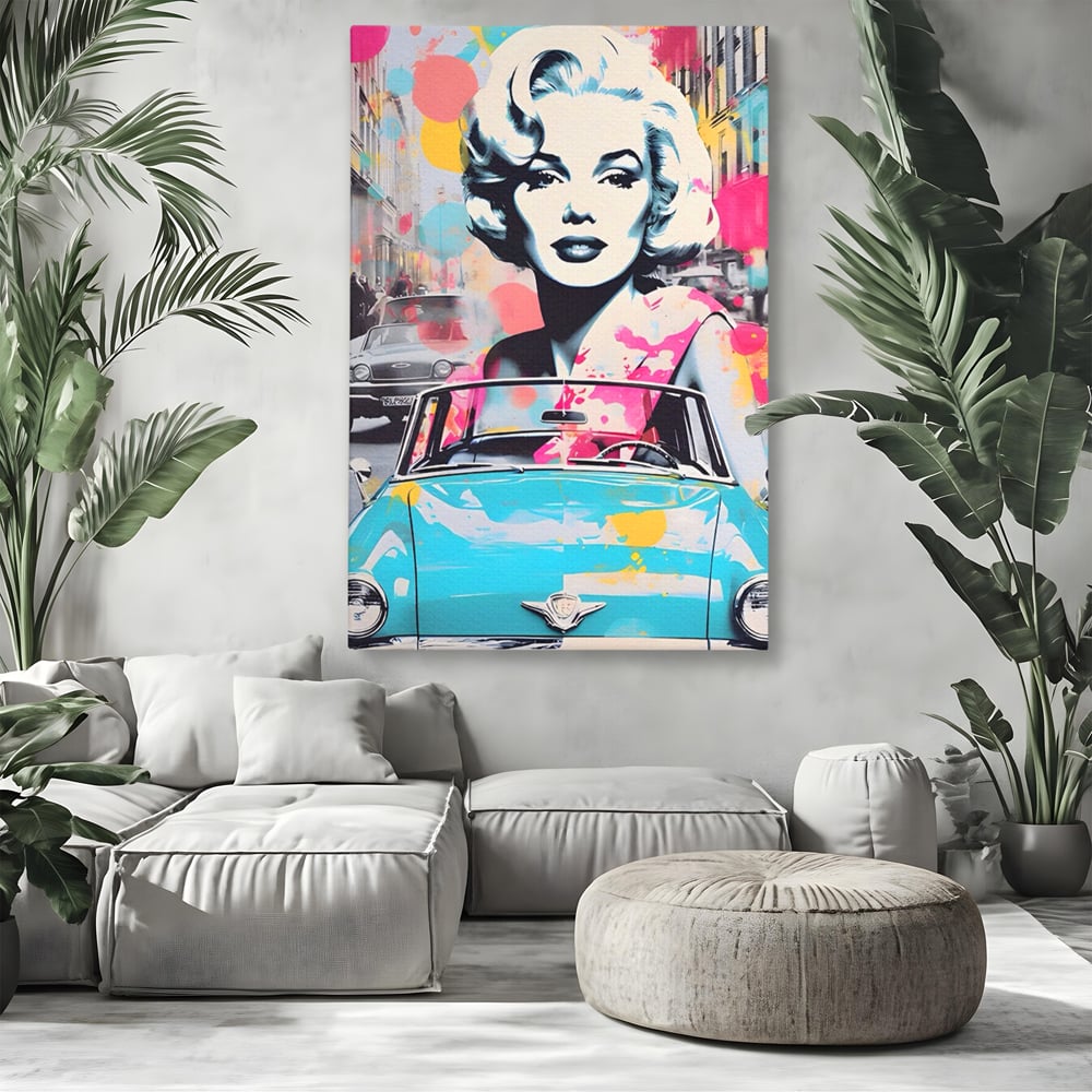 Tablou Canvas Premium LuxCanva® A1539, Merilyn M , Dormitor, Sexi, Vedeta, Model, Masina, Living, Culori Vibrante