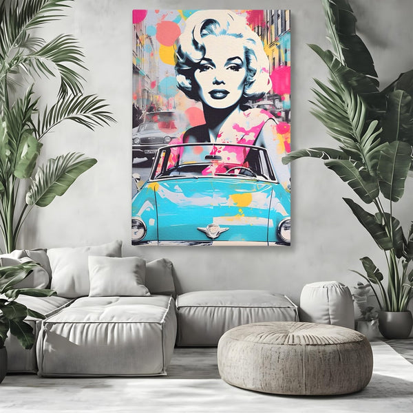 Tablou Canvas Premium LuxCanva® A1539, Merilyn M , Dormitor, Sexi, Vedeta, Model, Masina, Living, Culori Vibrante