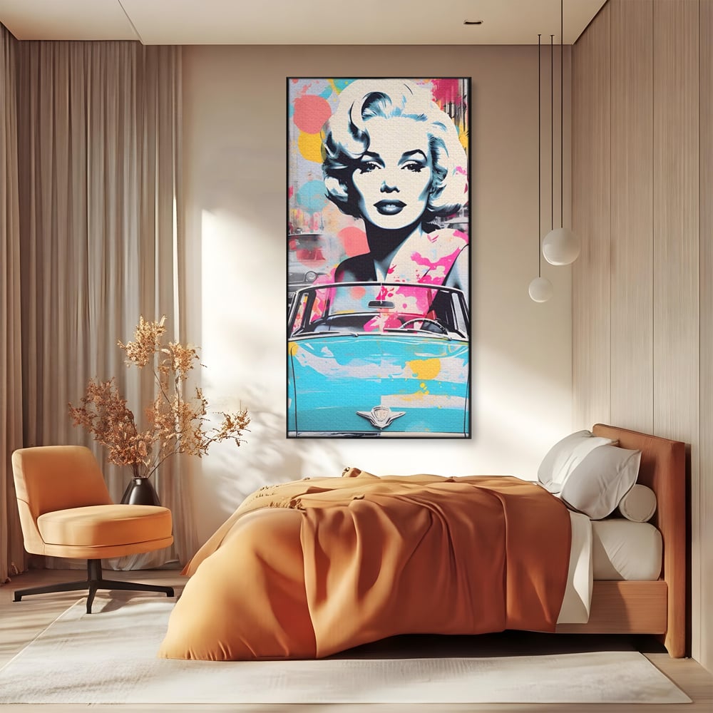 Tablou Canvas Premium LuxCanva® A1539, Merilyn M , Dormitor, Sexi, Vedeta, Model, Masina, Living, Culori Vibrante