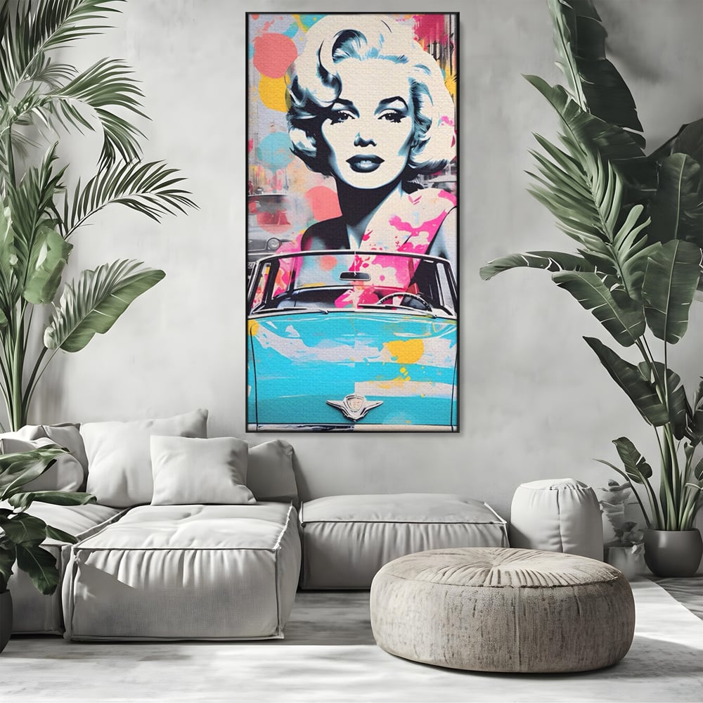 Tablou Canvas Premium LuxCanva® A1539, Merilyn M , Dormitor, Sexi, Vedeta, Model, Masina, Living, Culori Vibrante