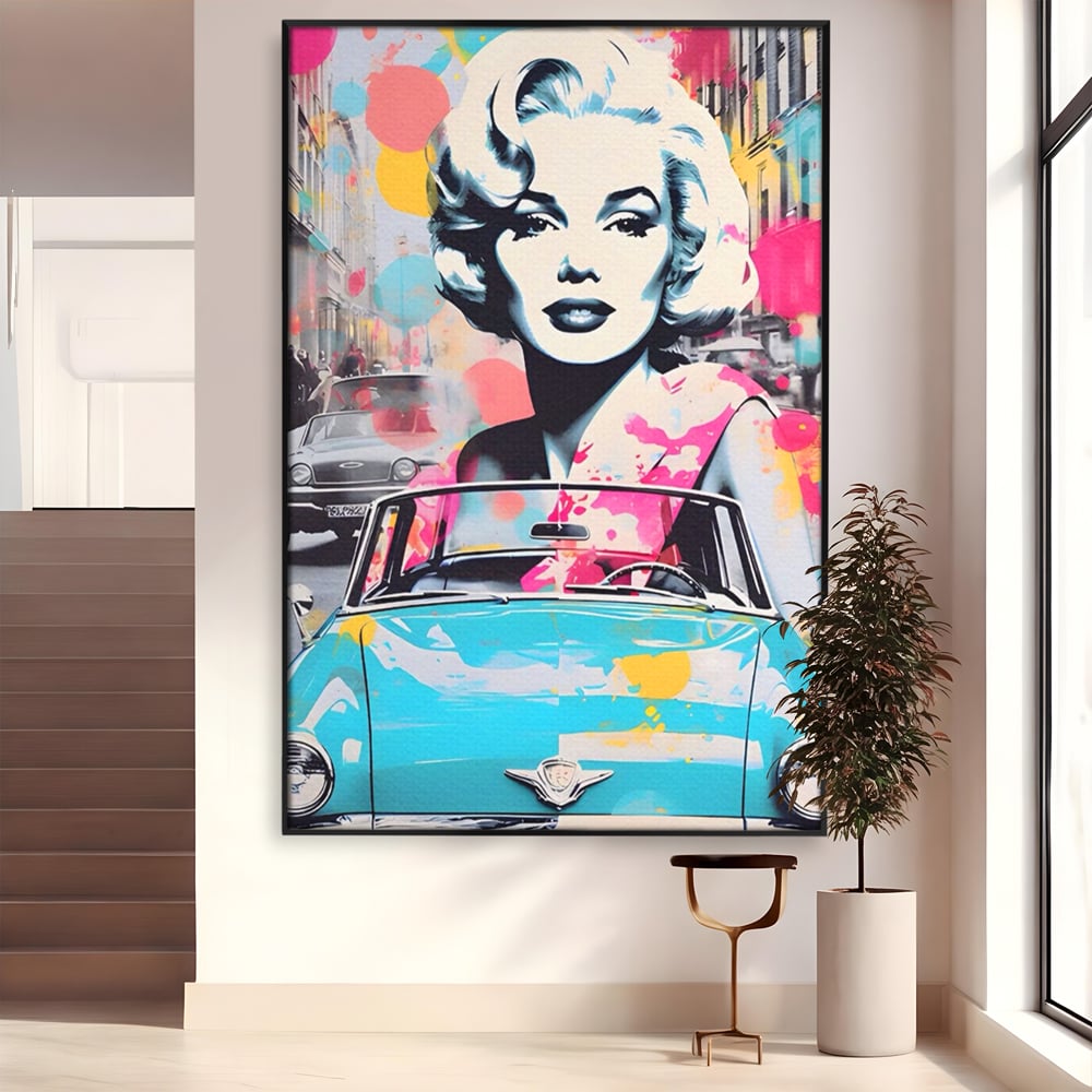 Tablou Canvas Premium LuxCanva® A1539, Merilyn M , Dormitor, Sexi, Vedeta, Model, Masina, Living, Culori Vibrante