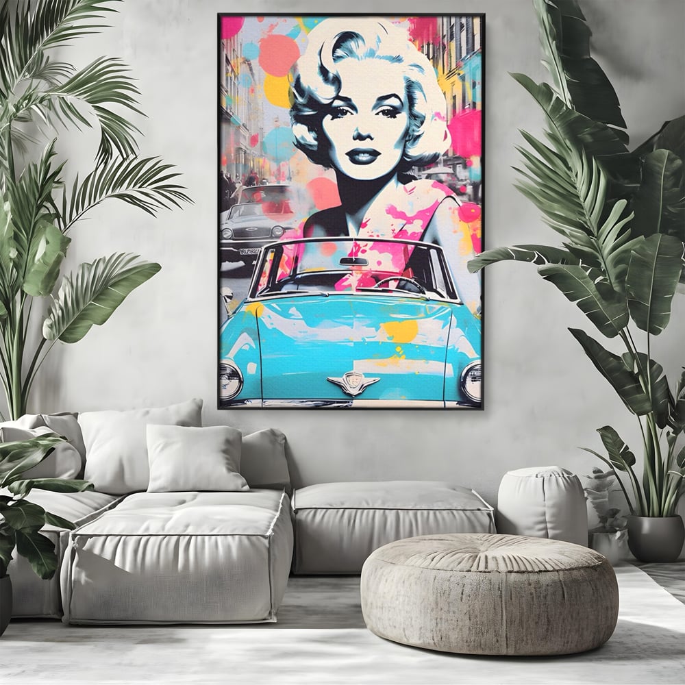 Tablou Canvas Premium LuxCanva® A1539, Merilyn M , Dormitor, Sexi, Vedeta, Model, Masina, Living, Culori Vibrante