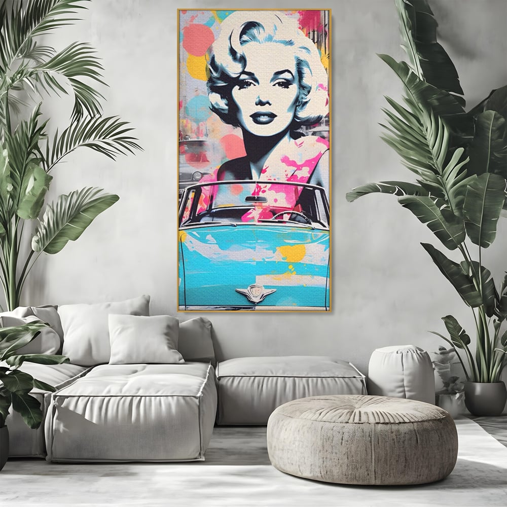 Tablou Canvas Premium LuxCanva® A1539, Merilyn M , Dormitor, Sexi, Vedeta, Model, Masina, Living, Culori Vibrante