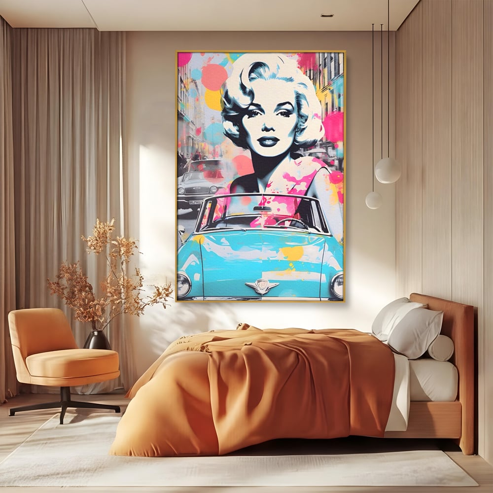 Tablou Canvas Premium LuxCanva® A1539, Merilyn M , Dormitor, Sexi, Vedeta, Model, Masina, Living, Culori Vibrante