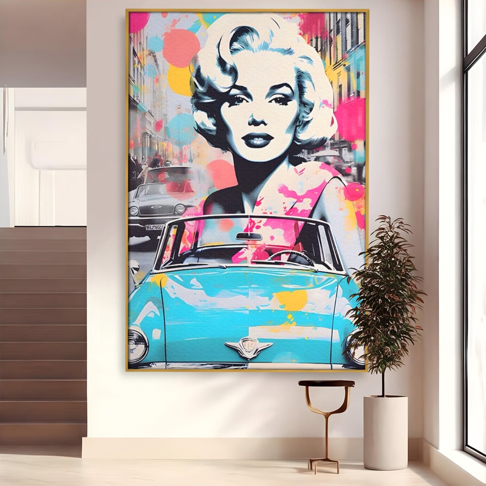 Tablou Canvas Premium LuxCanva® A1539, Merilyn M , Dormitor, Sexi, Vedeta, Model, Masina, Living, Culori Vibrante