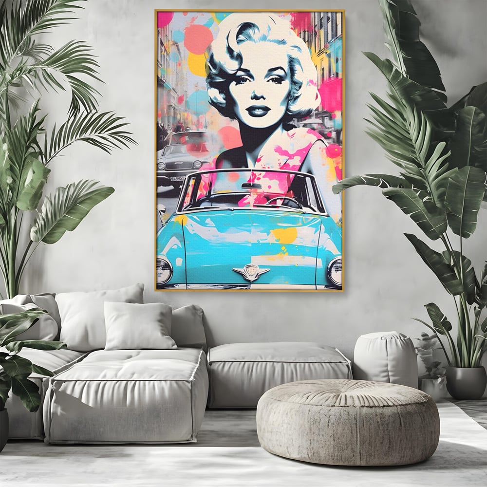 Tablou Canvas Premium LuxCanva® A1539, Merilyn M , Dormitor, Sexi, Vedeta, Model, Masina, Living, Culori Vibrante