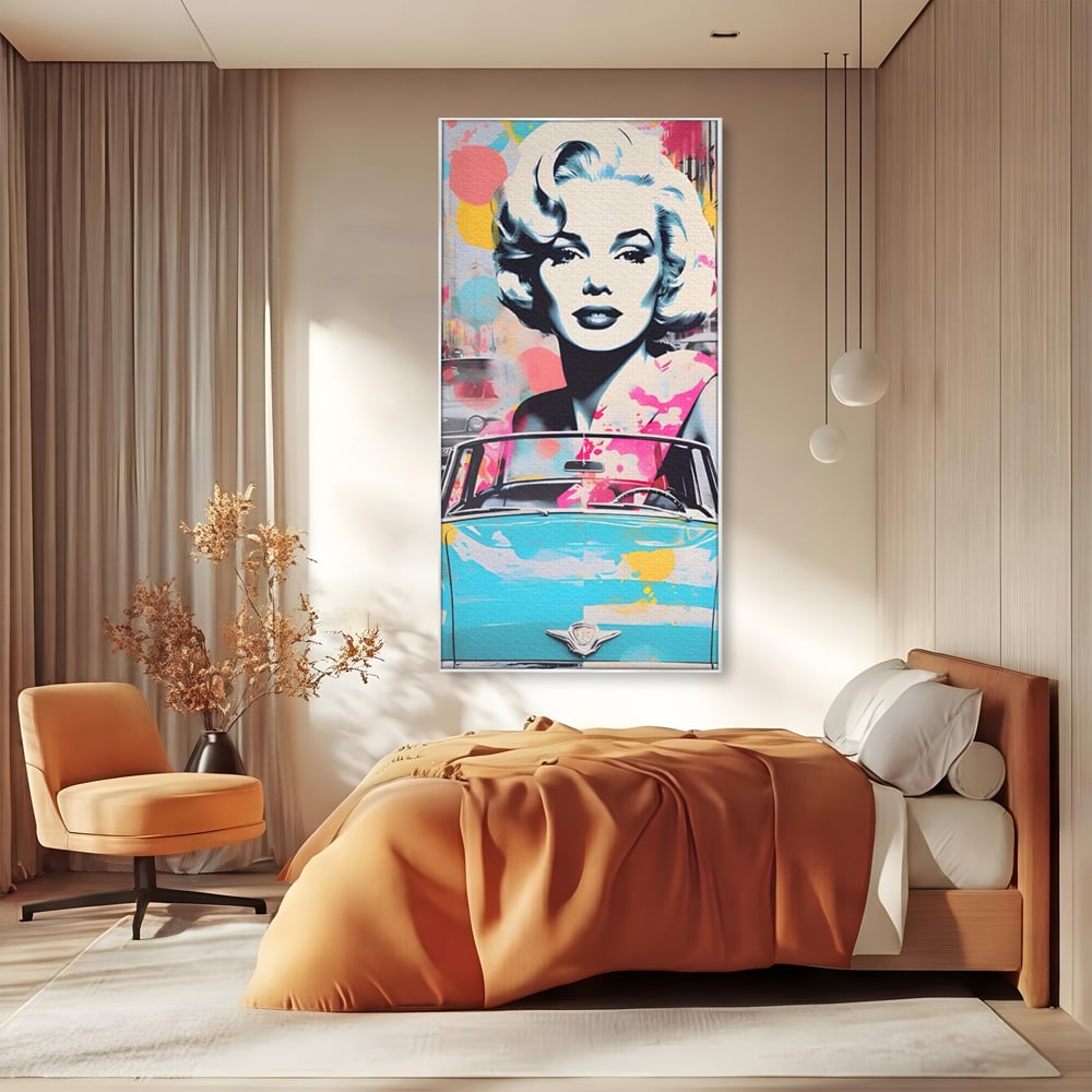 Tablou Canvas Premium LuxCanva® A1539, Merilyn M , Dormitor, Sexi, Vedeta, Model, Masina, Living, Culori Vibrante