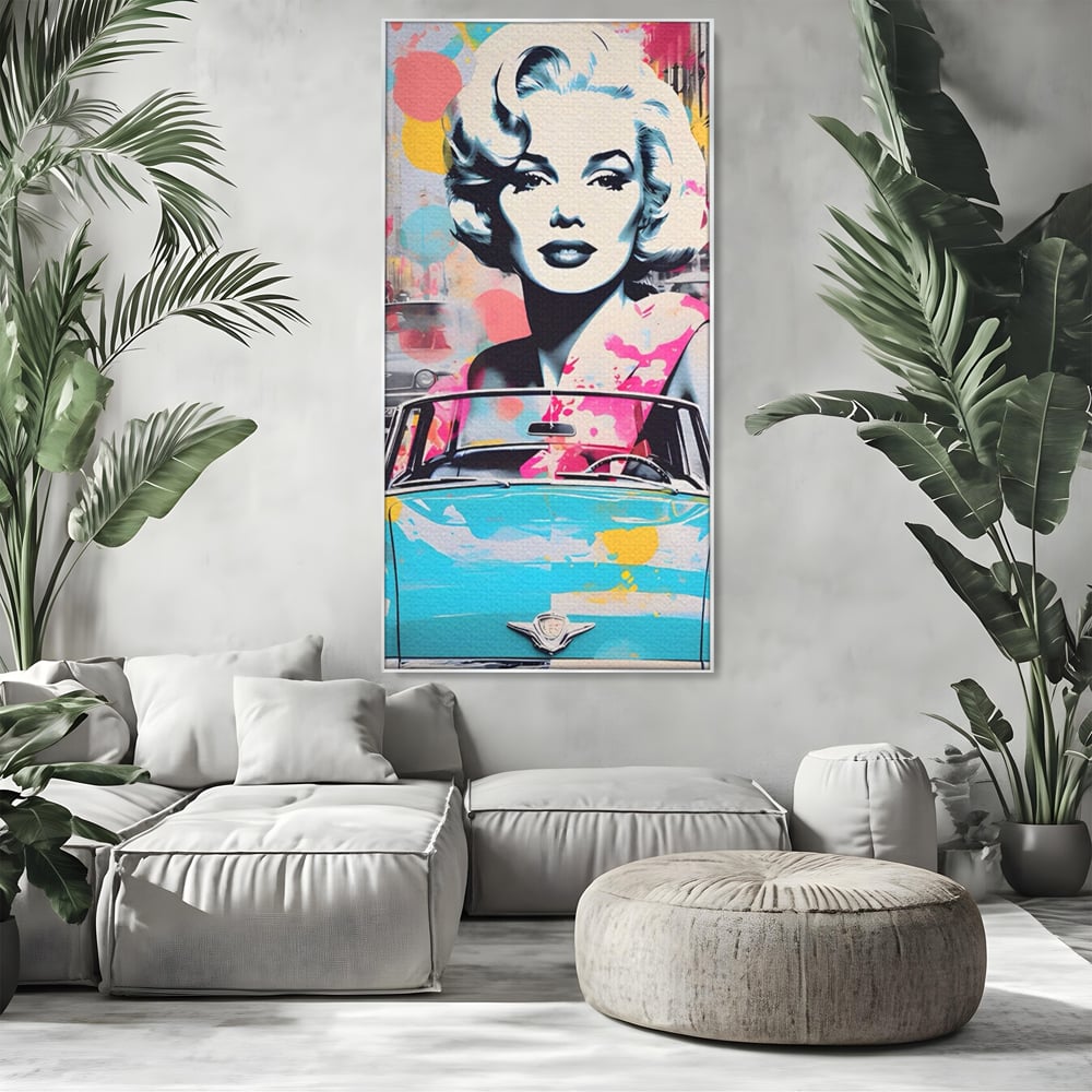 Tablou Canvas Premium LuxCanva® A1539, Merilyn M , Dormitor, Sexi, Vedeta, Model, Masina, Living, Culori Vibrante