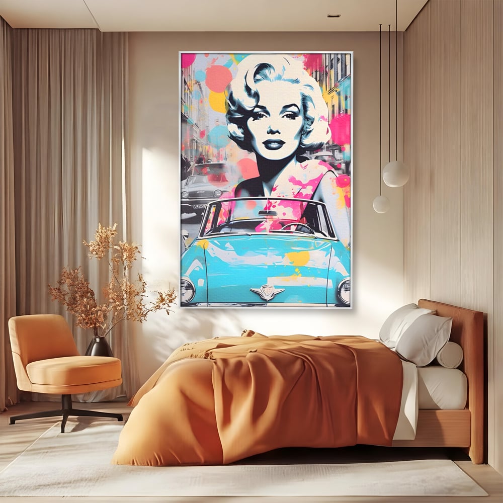 Tablou Canvas Premium LuxCanva® A1539, Merilyn M , Dormitor, Sexi, Vedeta, Model, Masina, Living, Culori Vibrante