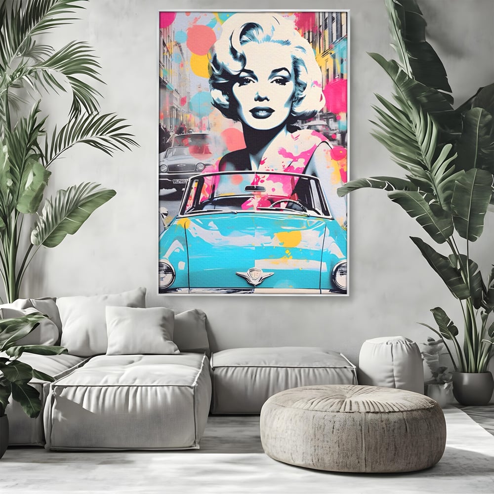 Tablou Canvas Premium LuxCanva® A1539, Merilyn M , Dormitor, Sexi, Vedeta, Model, Masina, Living, Culori Vibrante