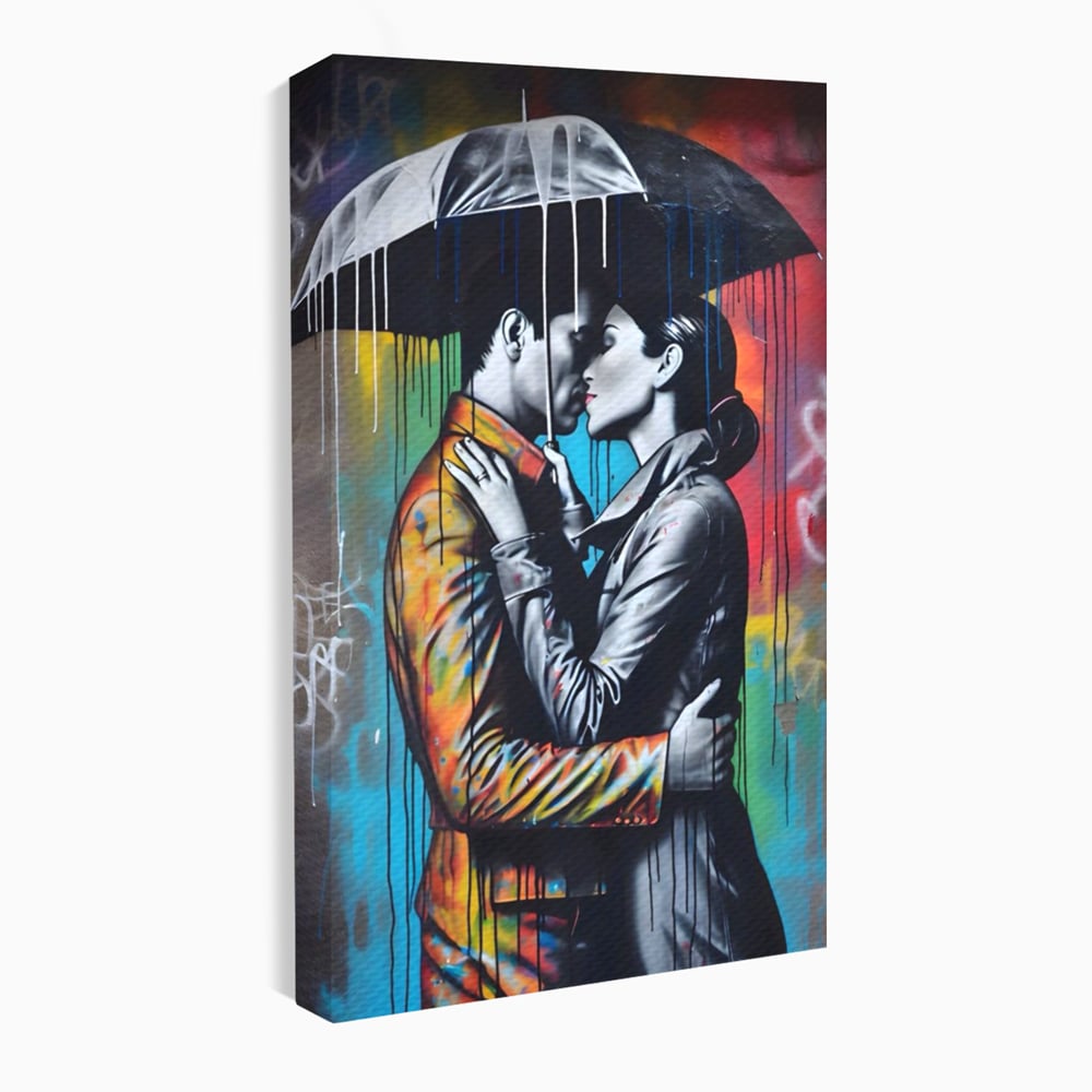 Tablou Canvas Premium LuxCanva® A1540, Romantic Rain , Dormitor, Cuplu, Ploaie, Umbrela, Living, Culori Vibrante
