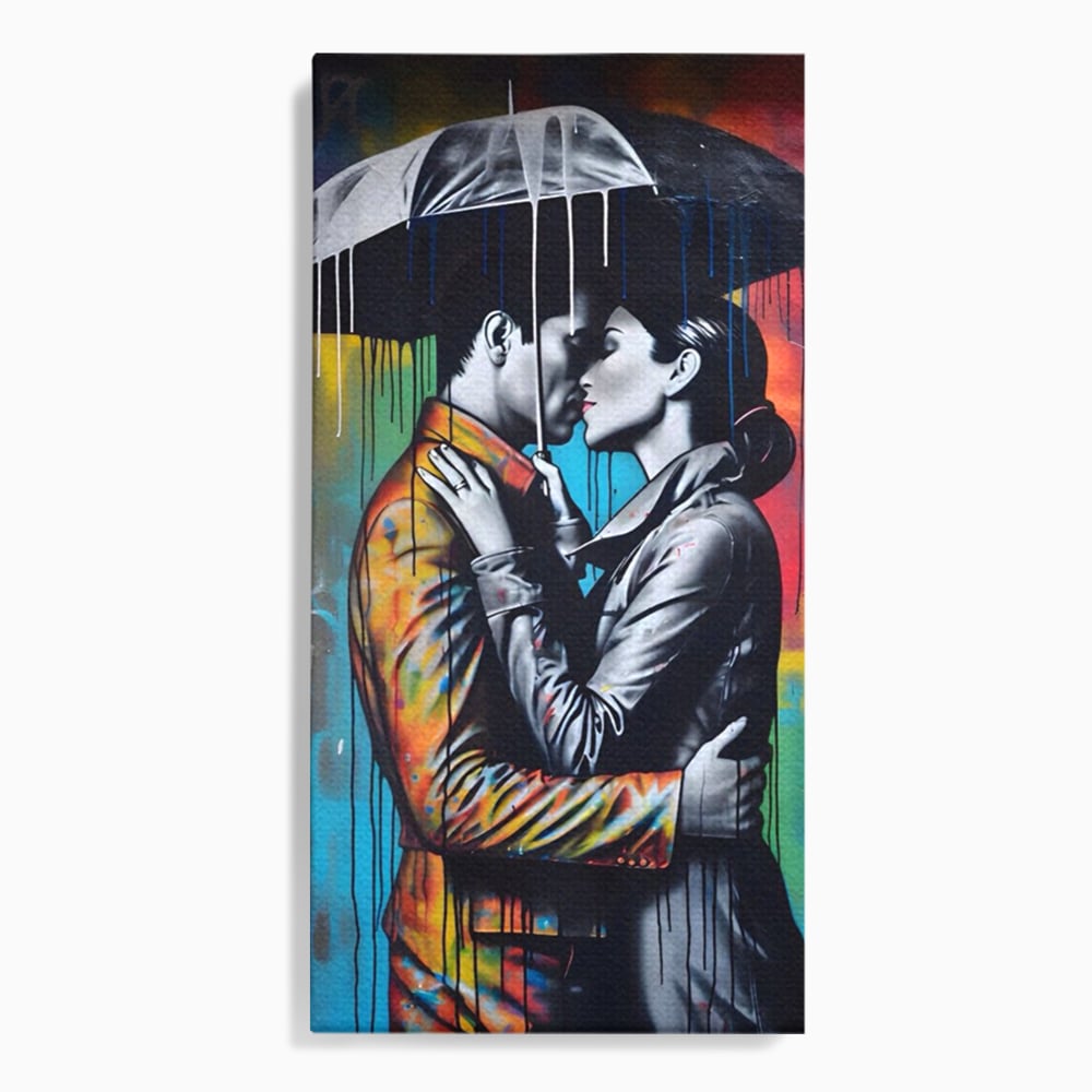 Tablou Canvas Premium LuxCanva® A1540, Romantic Rain , Dormitor, Cuplu, Ploaie, Umbrela, Living, Culori Vibrante
