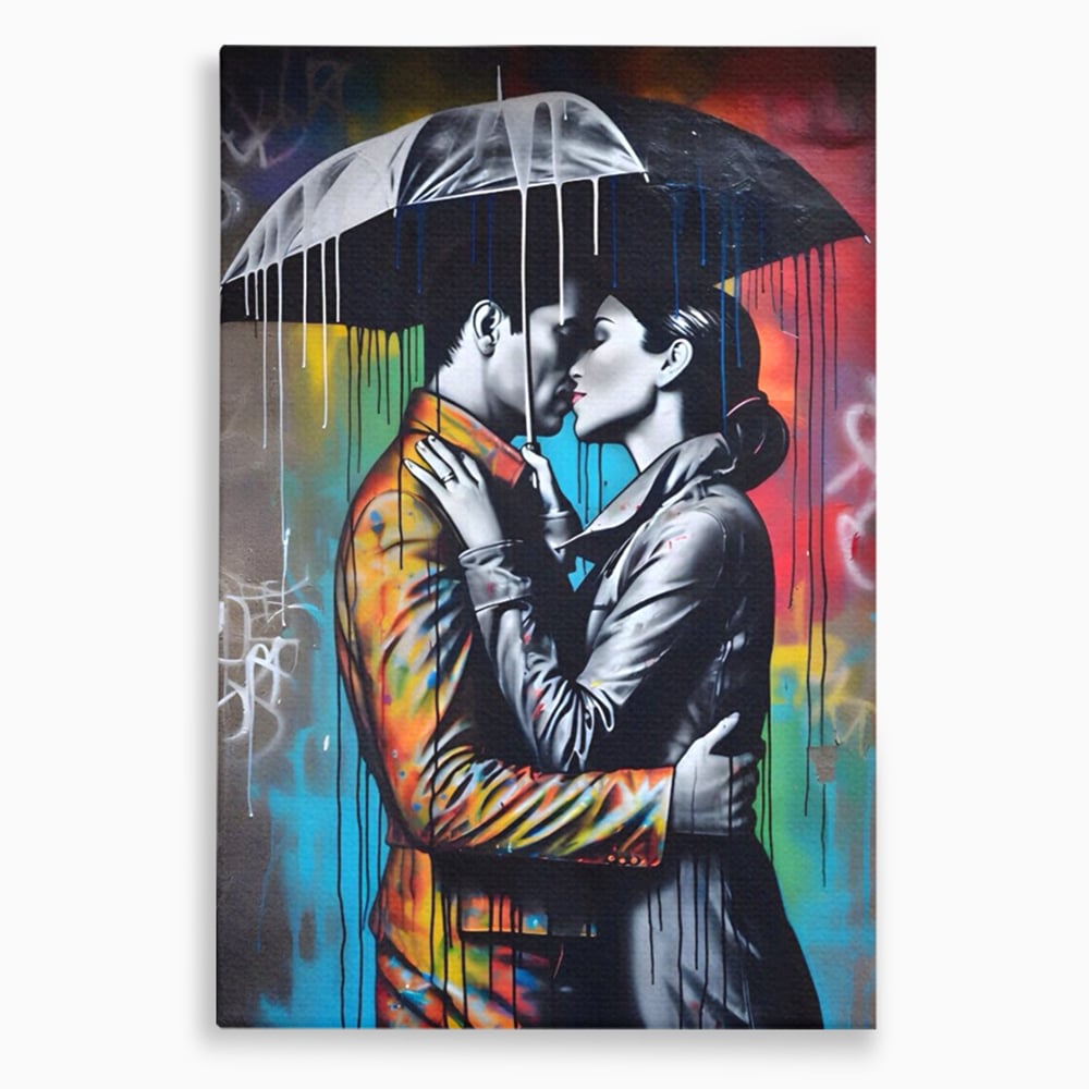 Tablou Canvas Premium LuxCanva® A1540, Romantic Rain , Dormitor, Cuplu, Ploaie, Umbrela, Living, Culori Vibrante