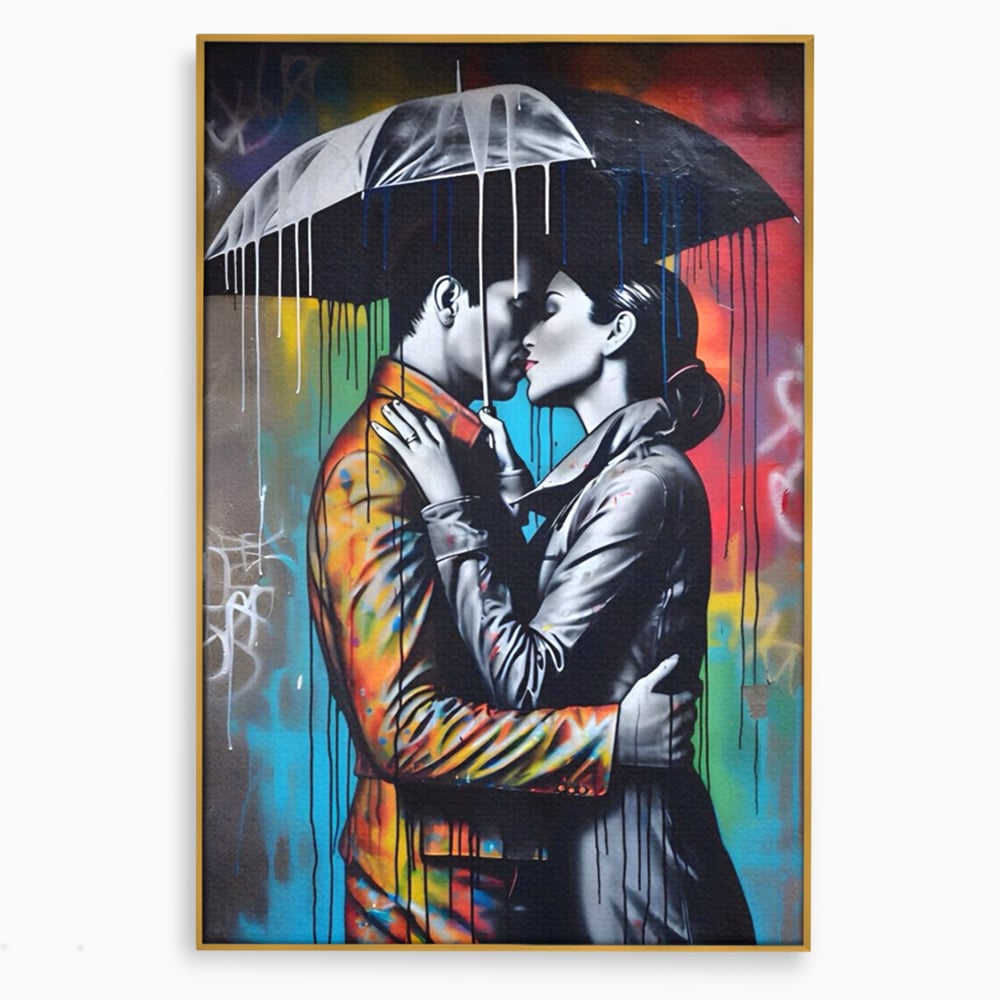 Tablou Canvas Premium LuxCanva® A1540, Romantic Rain , Dormitor, Cuplu, Ploaie, Umbrela, Living, Culori Vibrante