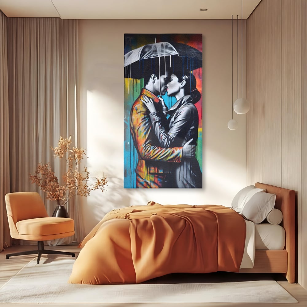 Tablou Canvas Premium LuxCanva® A1540, Romantic Rain , Dormitor, Cuplu, Ploaie, Umbrela, Living, Culori Vibrante