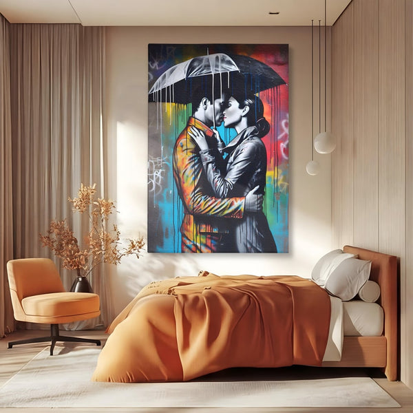 Leinwandbilder Premium LuxCanva® A1540, Romantischer Regen, Schlafzimmer, Paar, Regen, Regenschirm, Regenschirm, Wohnen, Kräftige Farben