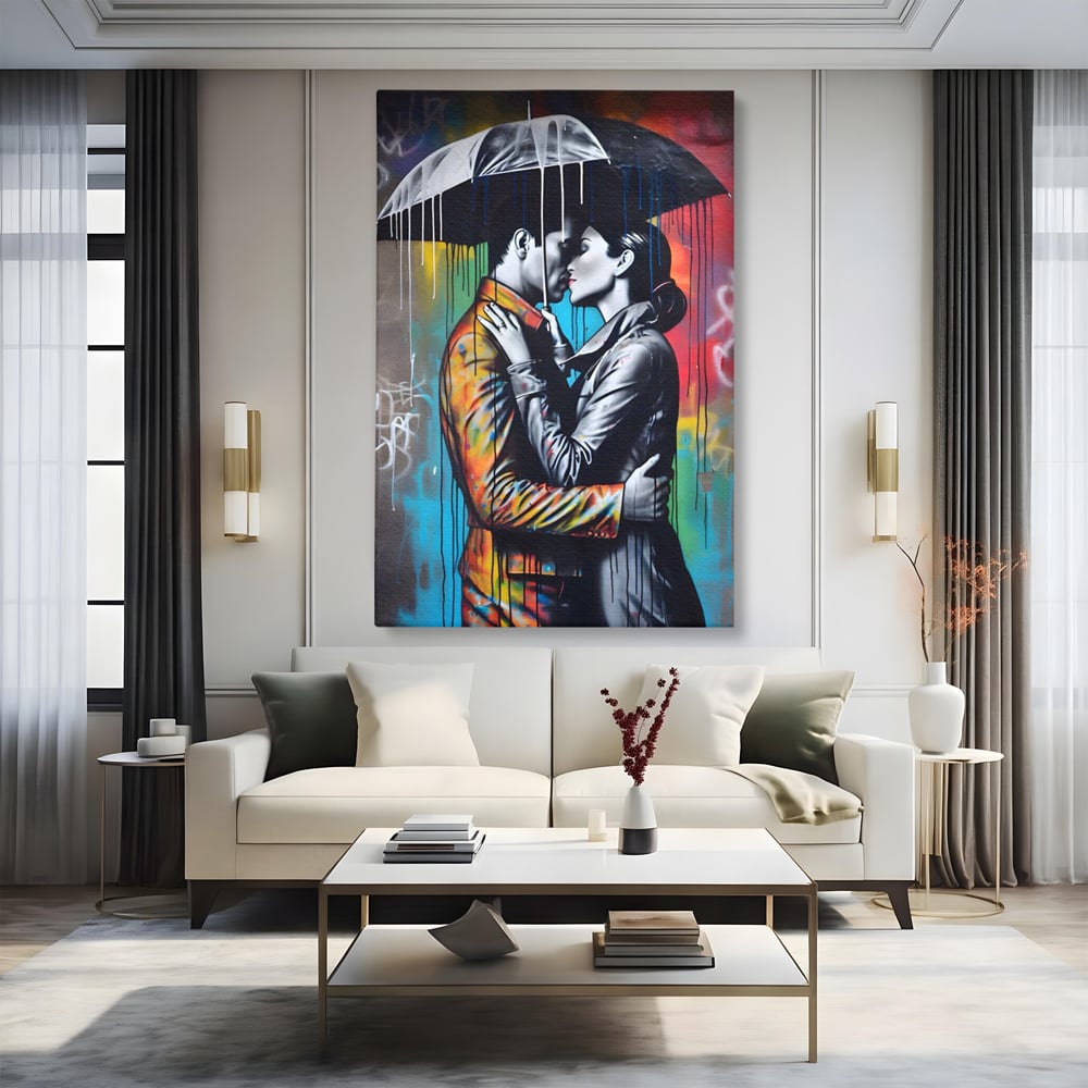 Tablou Canvas Premium LuxCanva® A1540, Romantic Rain , Dormitor, Cuplu, Ploaie, Umbrela, Living, Culori Vibrante
