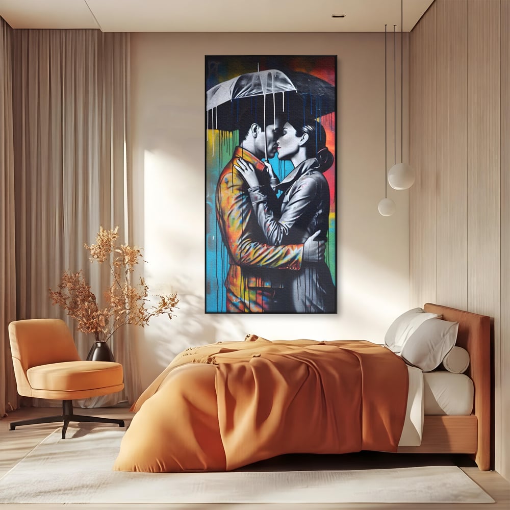 Tablou Canvas Premium LuxCanva® A1540, Romantic Rain , Dormitor, Cuplu, Ploaie, Umbrela, Living, Culori Vibrante