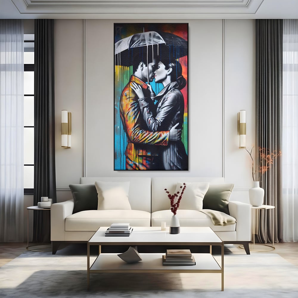 Tablou Canvas Premium LuxCanva® A1540, Romantic Rain , Dormitor, Cuplu, Ploaie, Umbrela, Living, Culori Vibrante