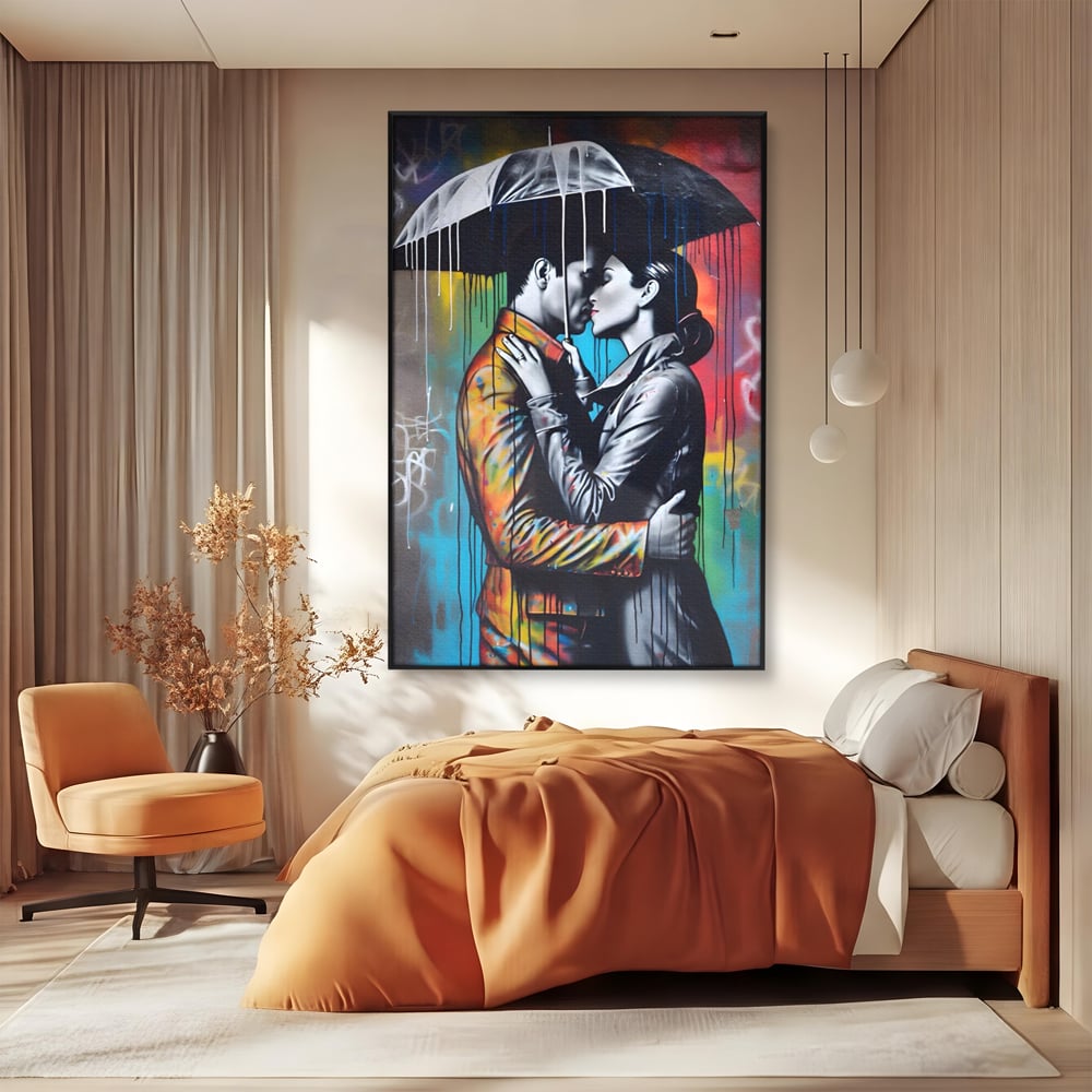 Tablou Canvas Premium LuxCanva® A1540, Romantic Rain , Dormitor, Cuplu, Ploaie, Umbrela, Living, Culori Vibrante