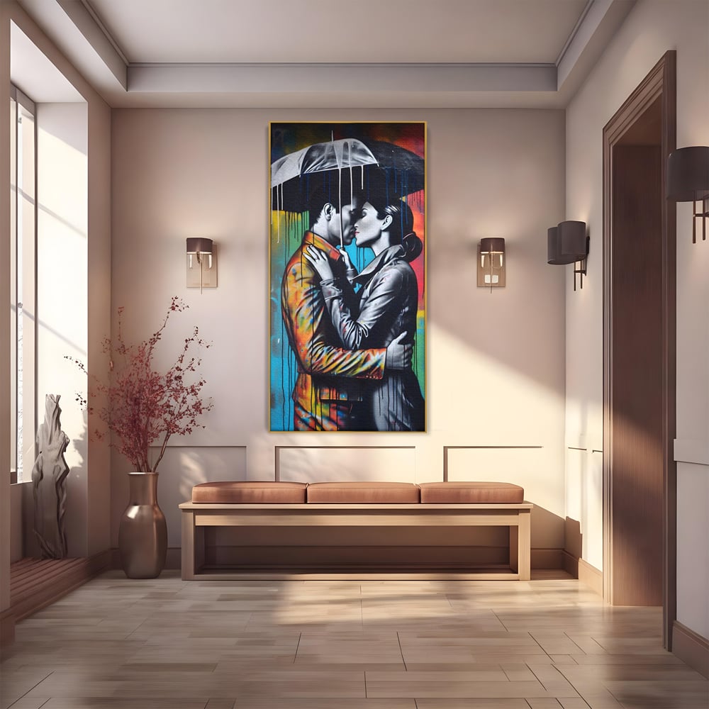Tablou Canvas Premium LuxCanva® A1540, Romantic Rain , Dormitor, Cuplu, Ploaie, Umbrela, Living, Culori Vibrante