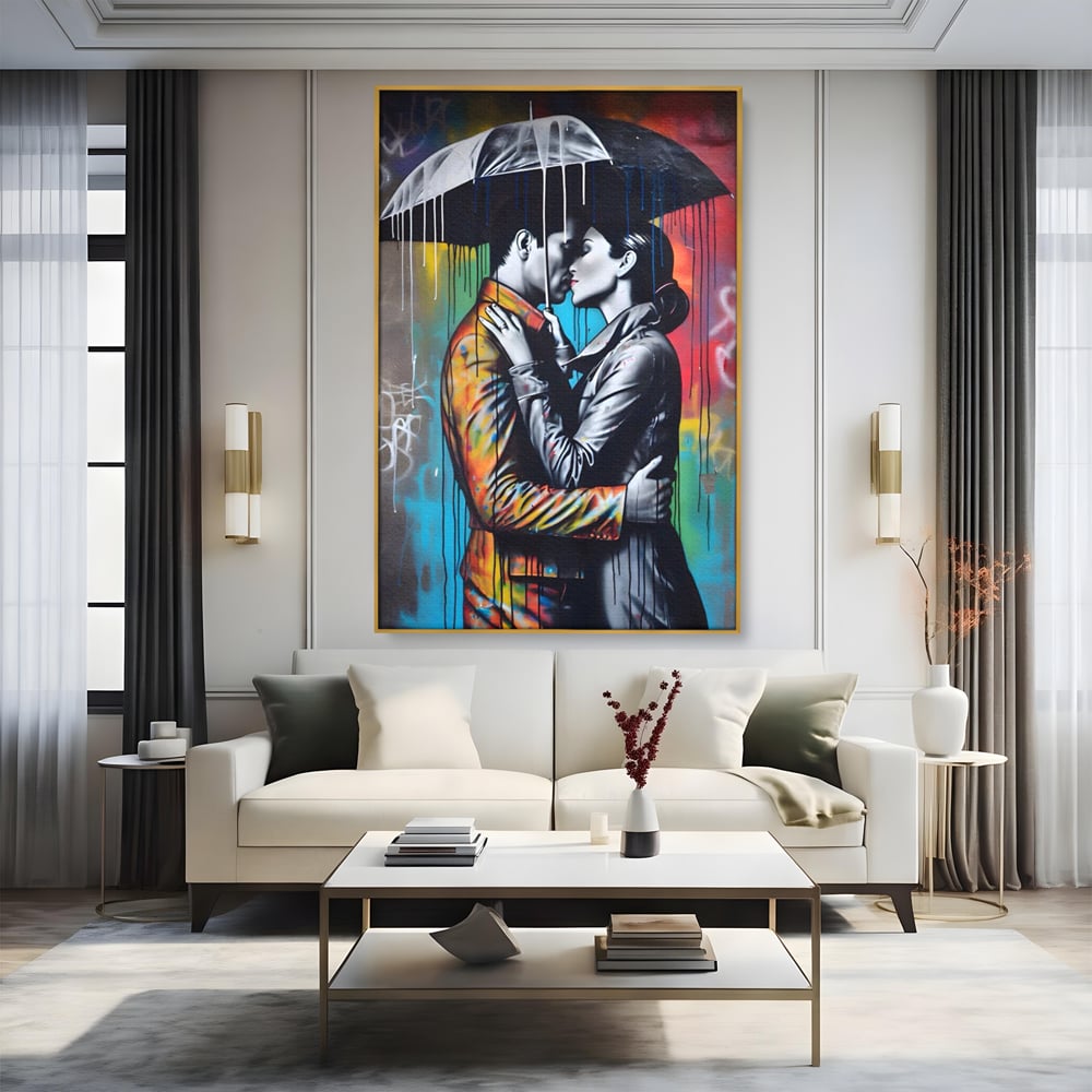 Tablou Canvas Premium LuxCanva® A1540, Romantic Rain , Dormitor, Cuplu, Ploaie, Umbrela, Living, Culori Vibrante