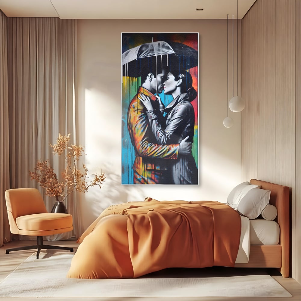 Tablou Canvas Premium LuxCanva® A1540, Romantic Rain , Dormitor, Cuplu, Ploaie, Umbrela, Living, Culori Vibrante