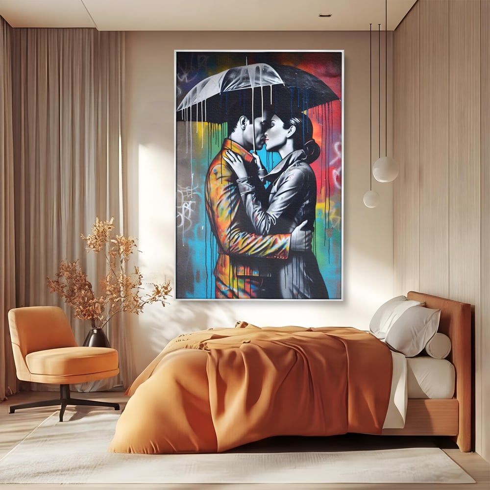 Tablou Canvas Premium LuxCanva® A1540, Romantic Rain , Dormitor, Cuplu, Ploaie, Umbrela, Living, Culori Vibrante