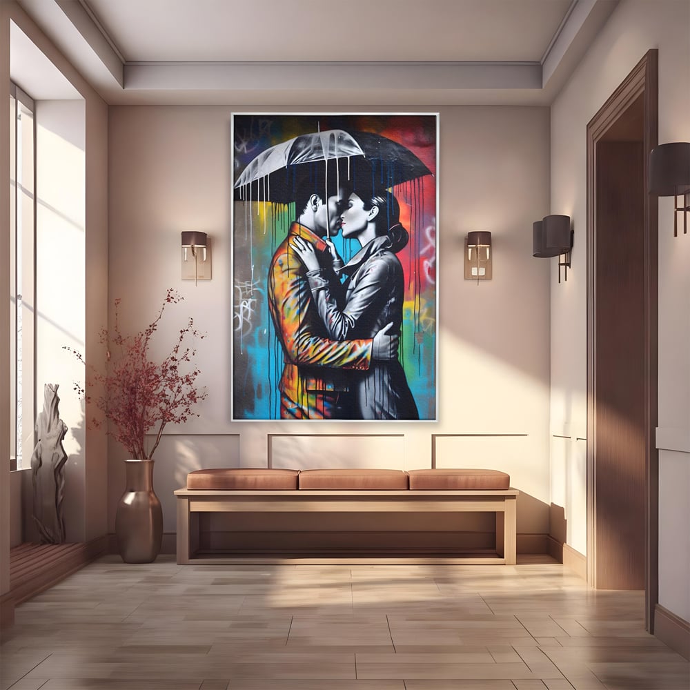 Tablou Canvas Premium LuxCanva® A1540, Romantic Rain , Dormitor, Cuplu, Ploaie, Umbrela, Living, Culori Vibrante