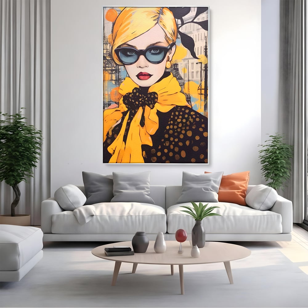Tablou Canvas Premium LuxCanva® A1553, Fata Cu Esarfa ,  Decorativ, Dormitor, Ochelari De Soare, Cool, Moda, Living, Culori Vibrante