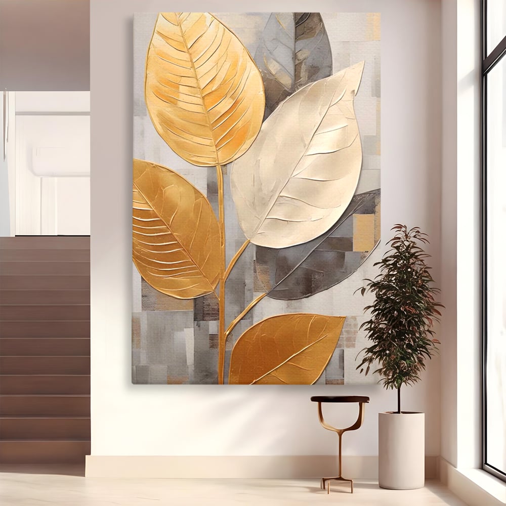 Tablou Canvas Premium LuxCanva® A1560, Simfonia Frunzelor , Dormitor, Decorativ, Natura, Auriu, Living, Culori Vibrante