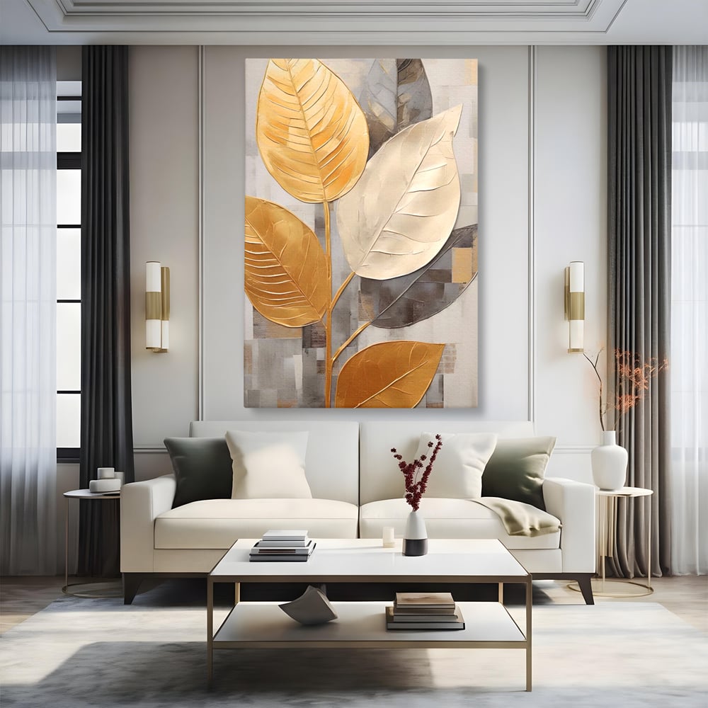 Tablou Canvas Premium LuxCanva® A1560, Simfonia Frunzelor , Dormitor, Decorativ, Natura, Auriu, Living, Culori Vibrante