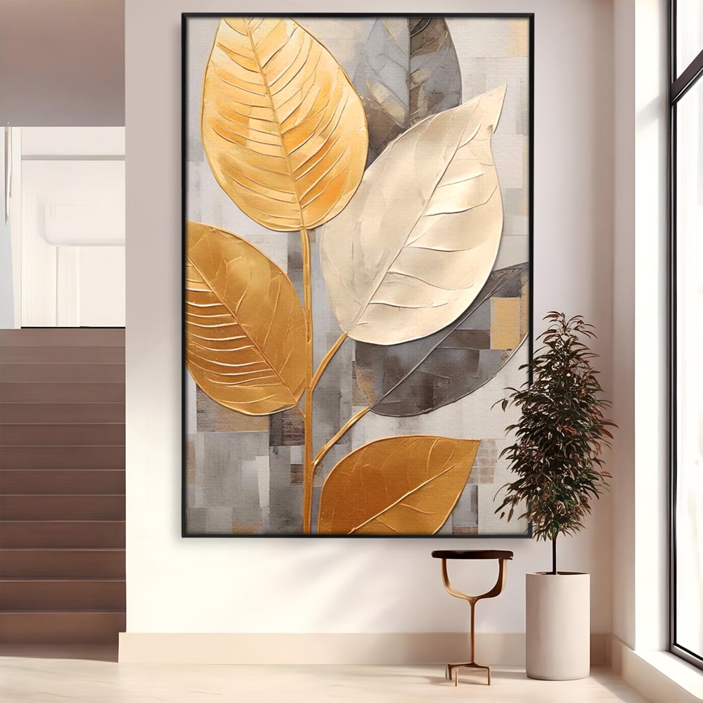 Tablou Canvas Premium LuxCanva® A1560, Simfonia Frunzelor , Dormitor, Decorativ, Natura, Auriu, Living, Culori Vibrante