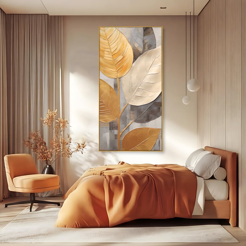 Tablou Canvas Premium LuxCanva® A1560, Simfonia Frunzelor , Dormitor, Decorativ, Natura, Auriu, Living, Culori Vibrante
