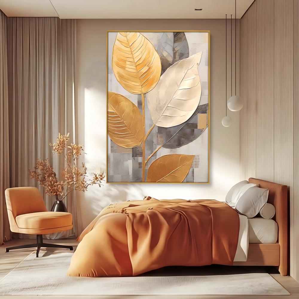 Tablou Canvas Premium LuxCanva® A1560, Simfonia Frunzelor , Dormitor, Decorativ, Natura, Auriu, Living, Culori Vibrante