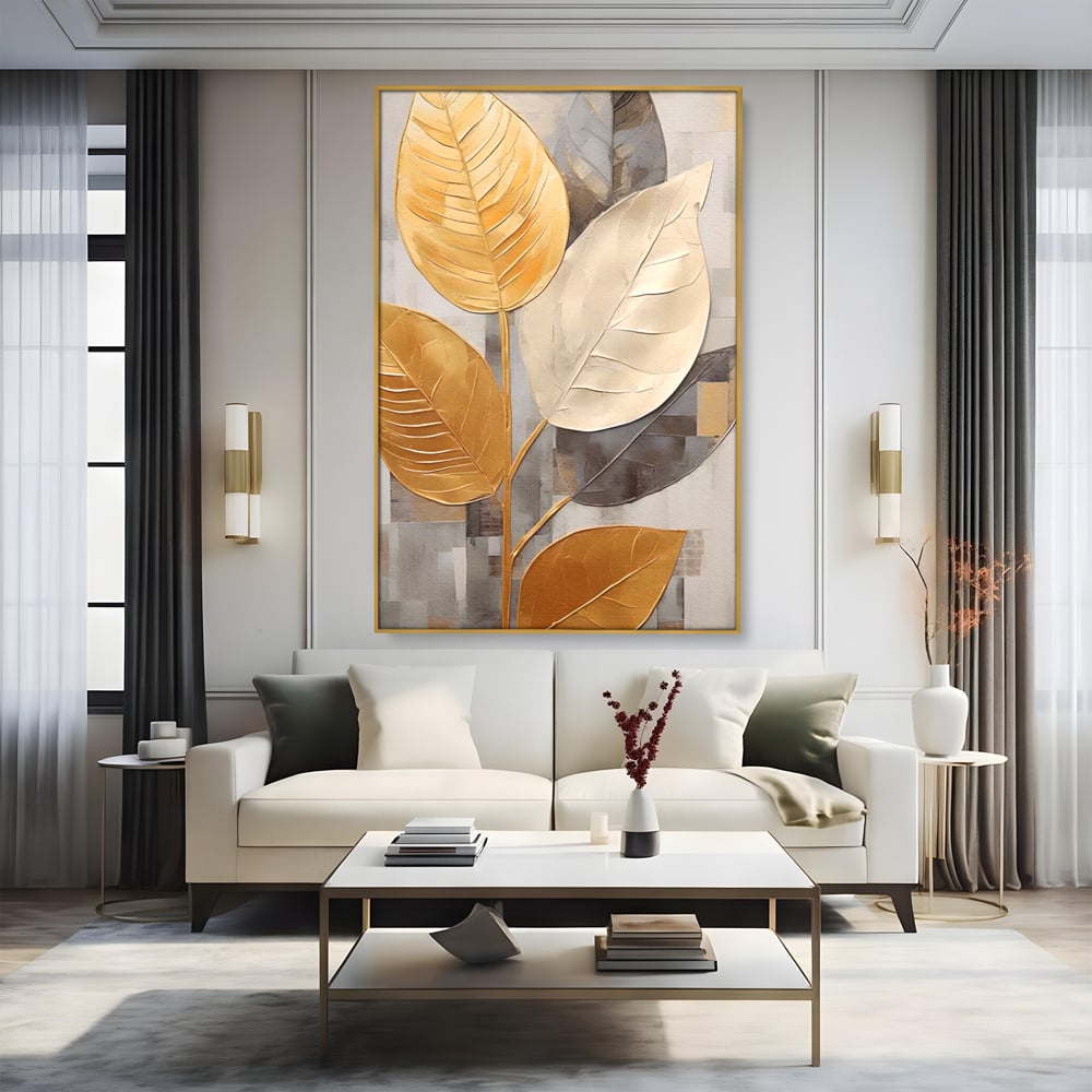 Tablou Canvas Premium LuxCanva® A1560, Simfonia Frunzelor , Dormitor, Decorativ, Natura, Auriu, Living, Culori Vibrante