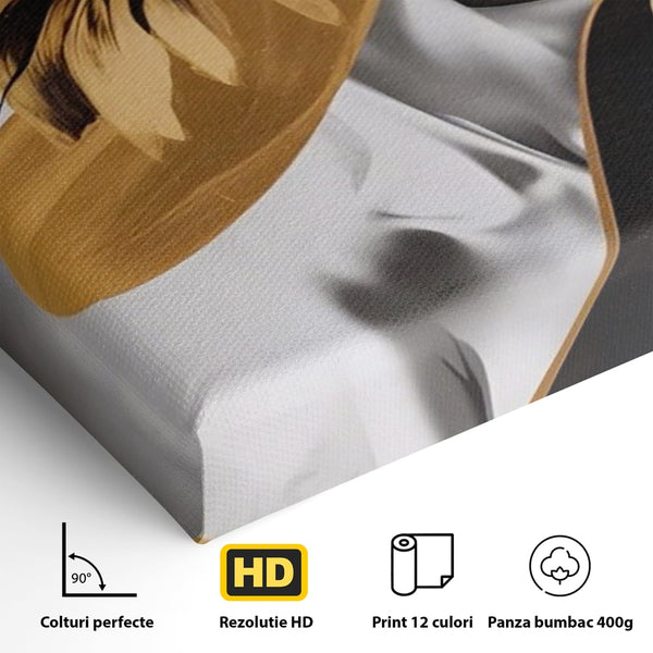 Tablou Canvas Premium LuxCanva® A1564, Cu Fata Spre Soare , Living, Palarie, Floarea Soarelui, Doamna, Dormitor, Culori Vibrante