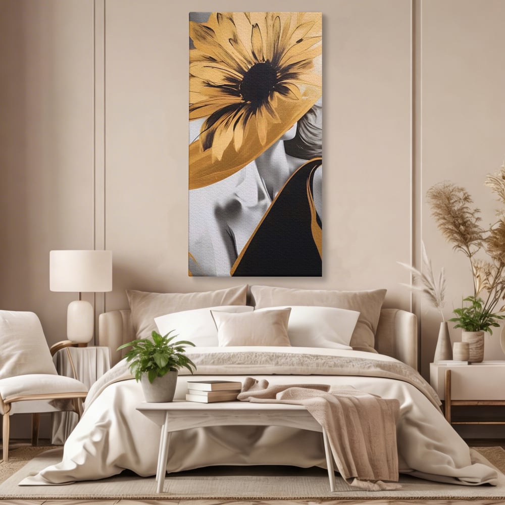 Tablou Canvas Premium LuxCanva® A1564, Cu Fata Spre Soare , Living, Palarie, Floarea Soarelui, Doamna, Dormitor, Culori Vibrante