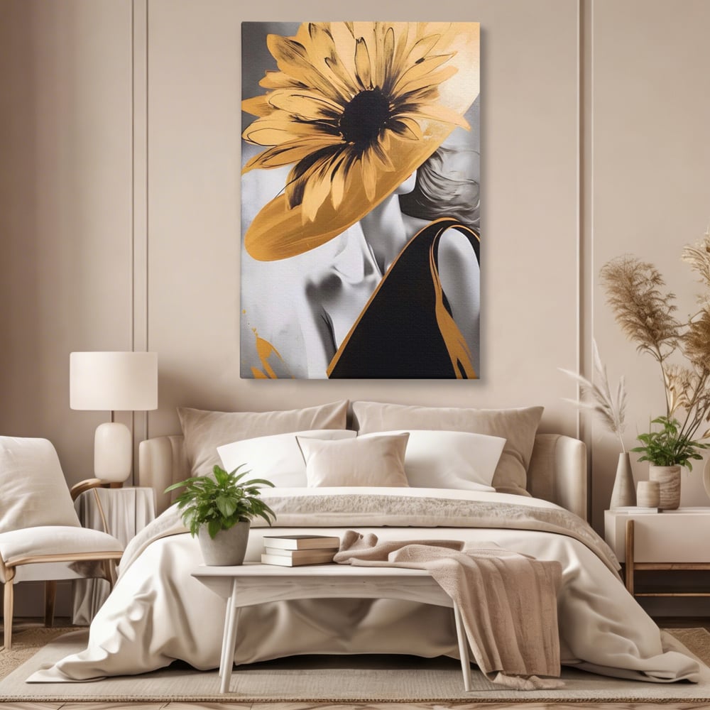 Tablou Canvas Premium LuxCanva® A1564, Cu Fata Spre Soare , Living, Palarie, Floarea Soarelui, Doamna, Dormitor, Culori Vibrante