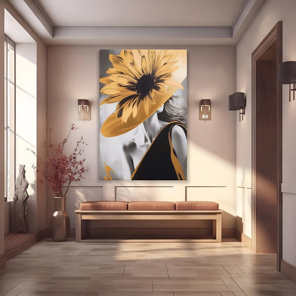 Tablou Canvas Premium LuxCanva® A1564, Cu Fata Spre Soare , Living, Palarie, Floarea Soarelui, Doamna, Dormitor, Culori Vibrante