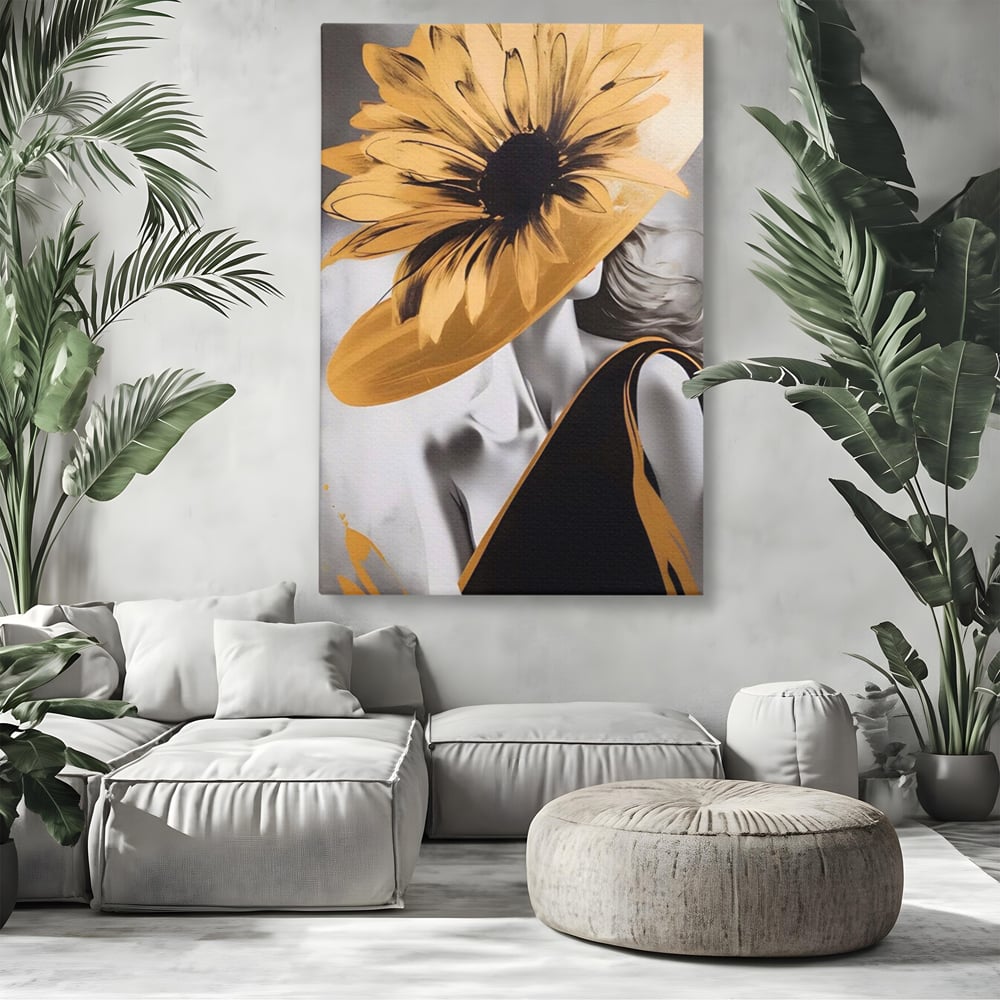 Tablou Canvas Premium LuxCanva® A1564, Cu Fata Spre Soare , Living, Palarie, Floarea Soarelui, Doamna, Dormitor, Culori Vibrante