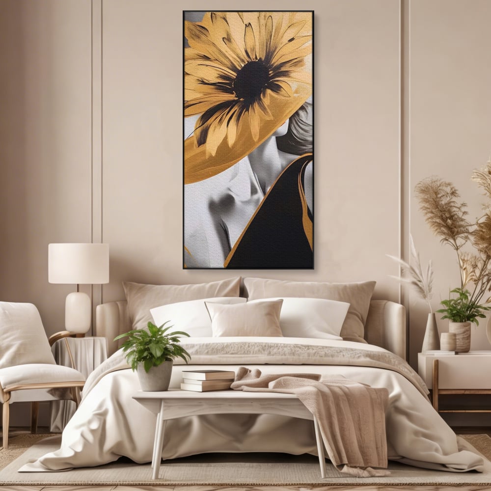 Tablou Canvas Premium LuxCanva® A1564, Cu Fata Spre Soare , Living, Palarie, Floarea Soarelui, Doamna, Dormitor, Culori Vibrante
