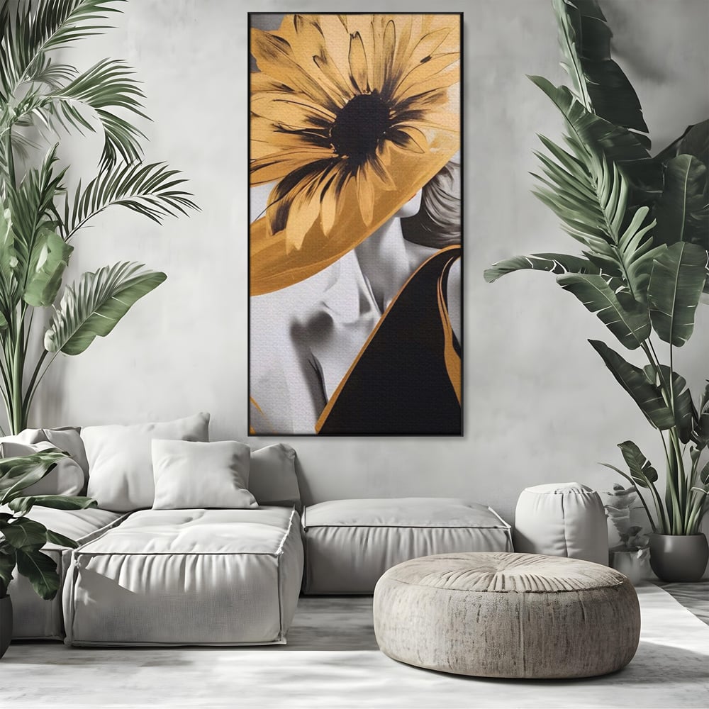 Tablou Canvas Premium LuxCanva® A1564, Cu Fata Spre Soare , Living, Palarie, Floarea Soarelui, Doamna, Dormitor, Culori Vibrante